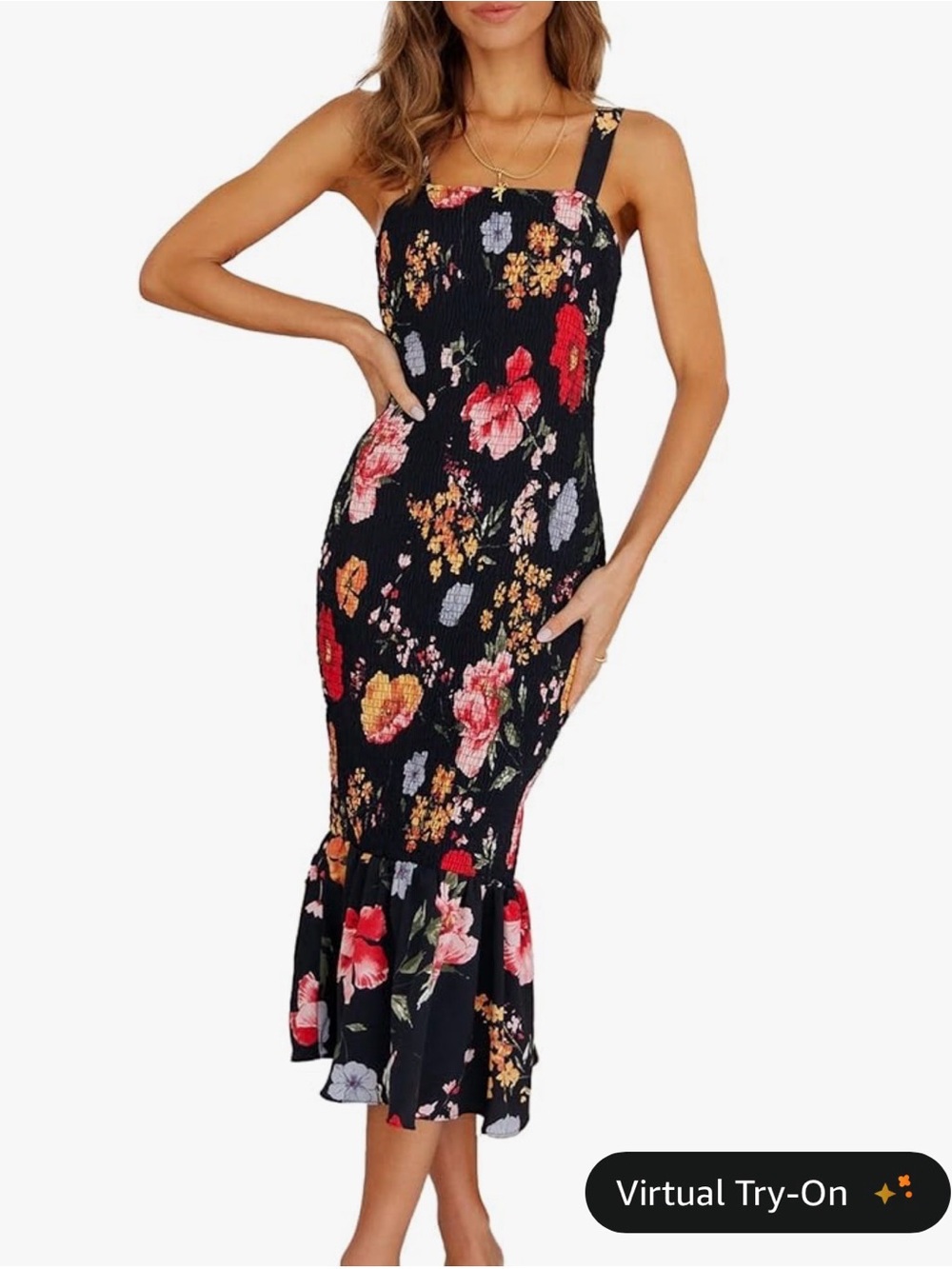 Floral Black Smocked Midi Dress